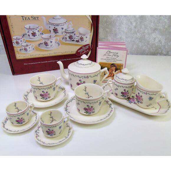 American Girl SAMANTHA TEA SET Teapot Cups Saucers Sugar Bowl Creamer Plate Box! - Picture 1 of 10